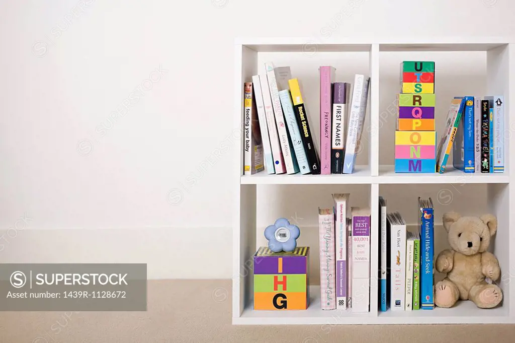 Book shelves with books and toys