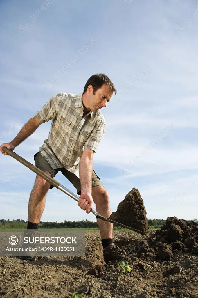 Mid adult man digging in field