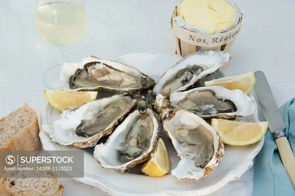 Oysters in shells with lemon
