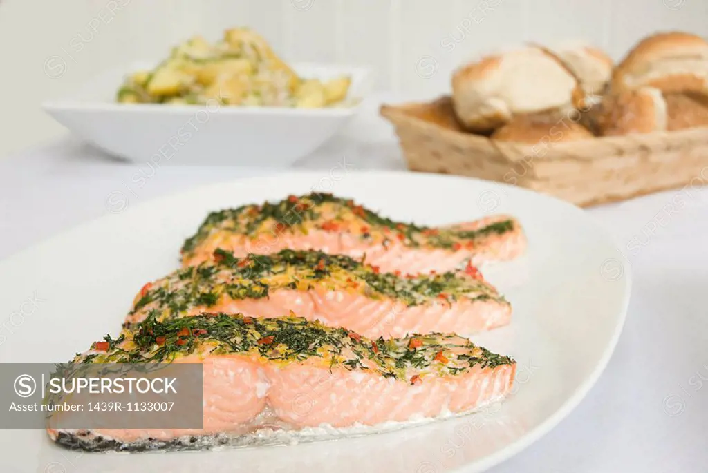 Poached salmon topped with dill