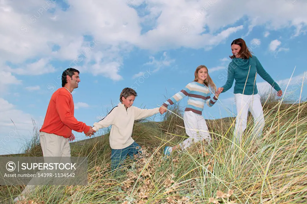 Family walking hand in hand over dune
