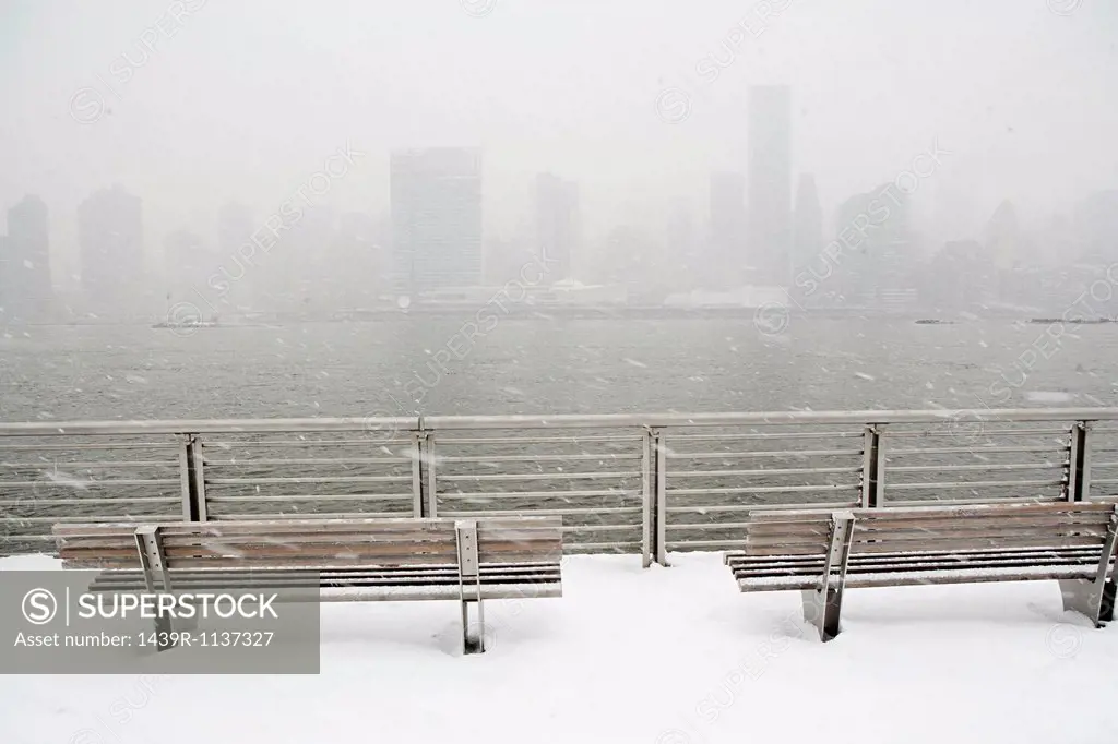 New York City skyline in winter, New York, USA