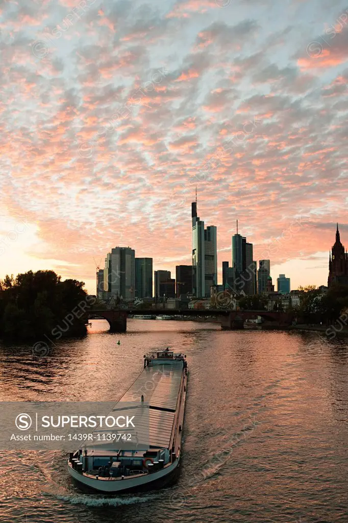 Boat on Main River at sunset, Frankfurt, Germnay