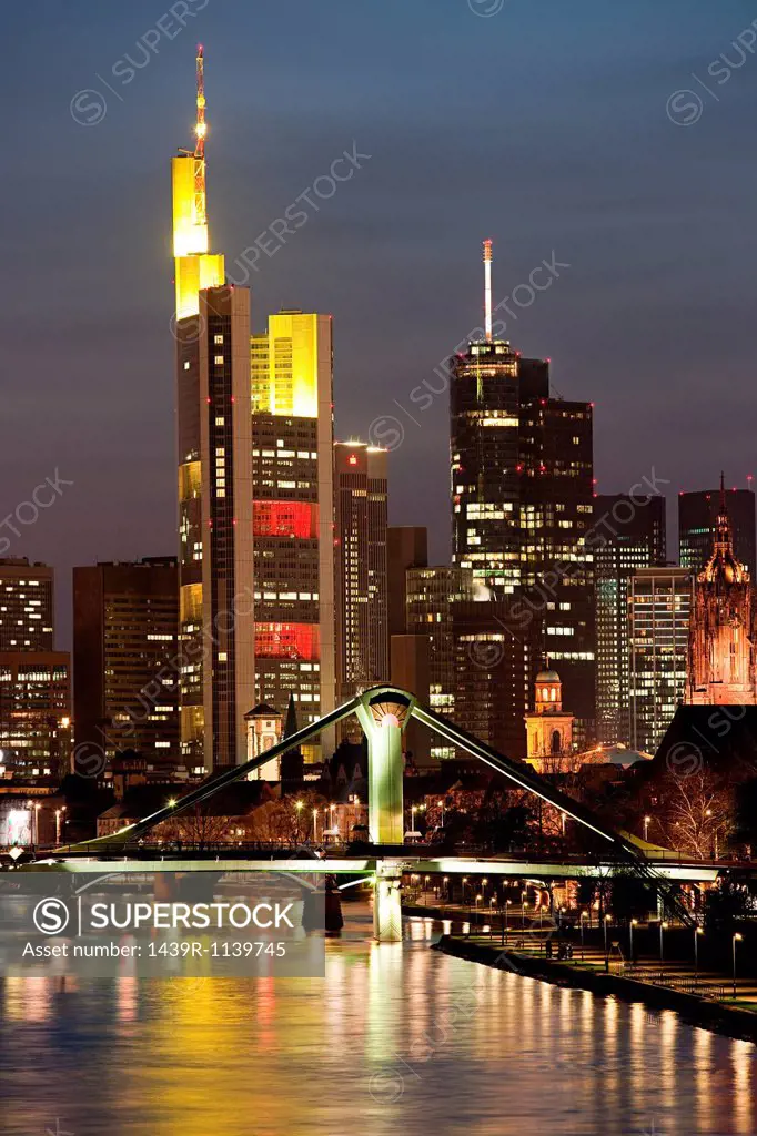 Skyline and Main River at night, Frankfurt, Germnay