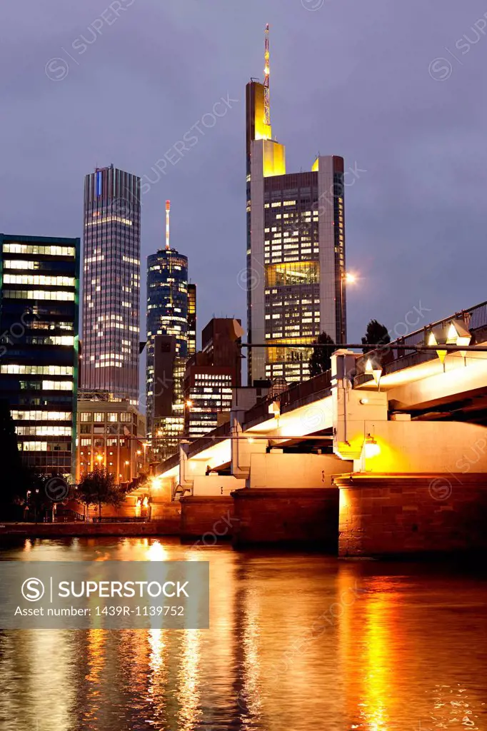 Business center and Main River at night, Frankfurt, Germany
