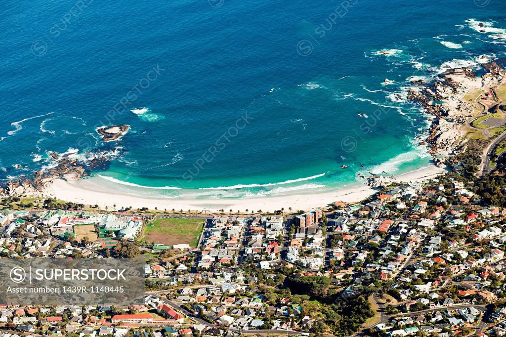 View down to beach of Camps Bay from top of Table Mountain, Cape Town, South Africa
