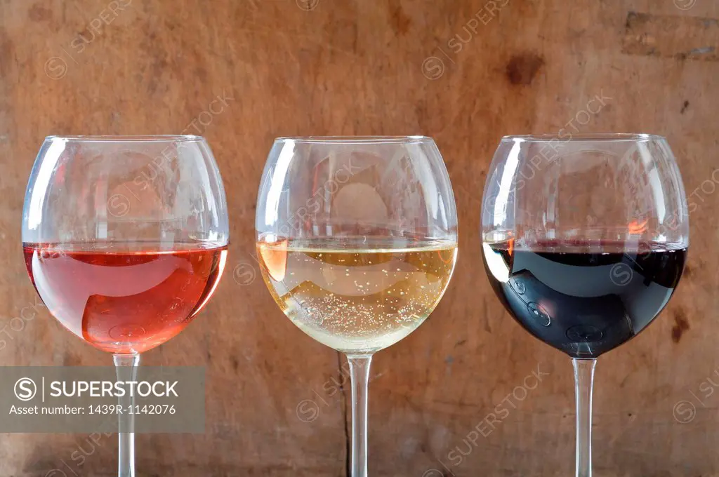 Rose, white and red wines in glasses