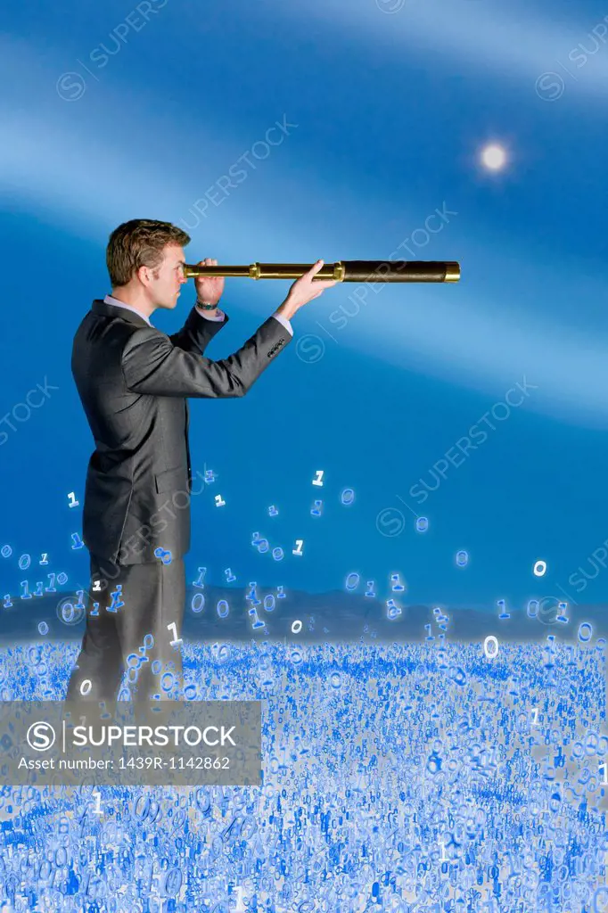 Businessman looking through telescope in binary field