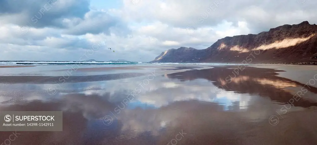 Still water of Famara beach, Canary Islands, Spain