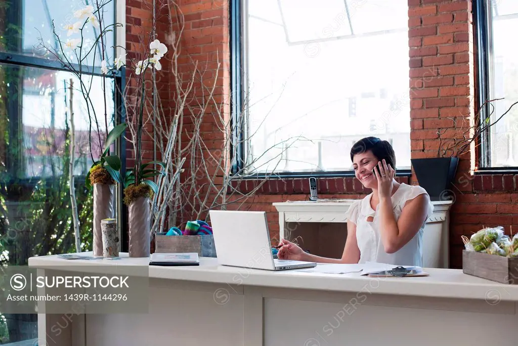 Businesswoman at desk on the phone