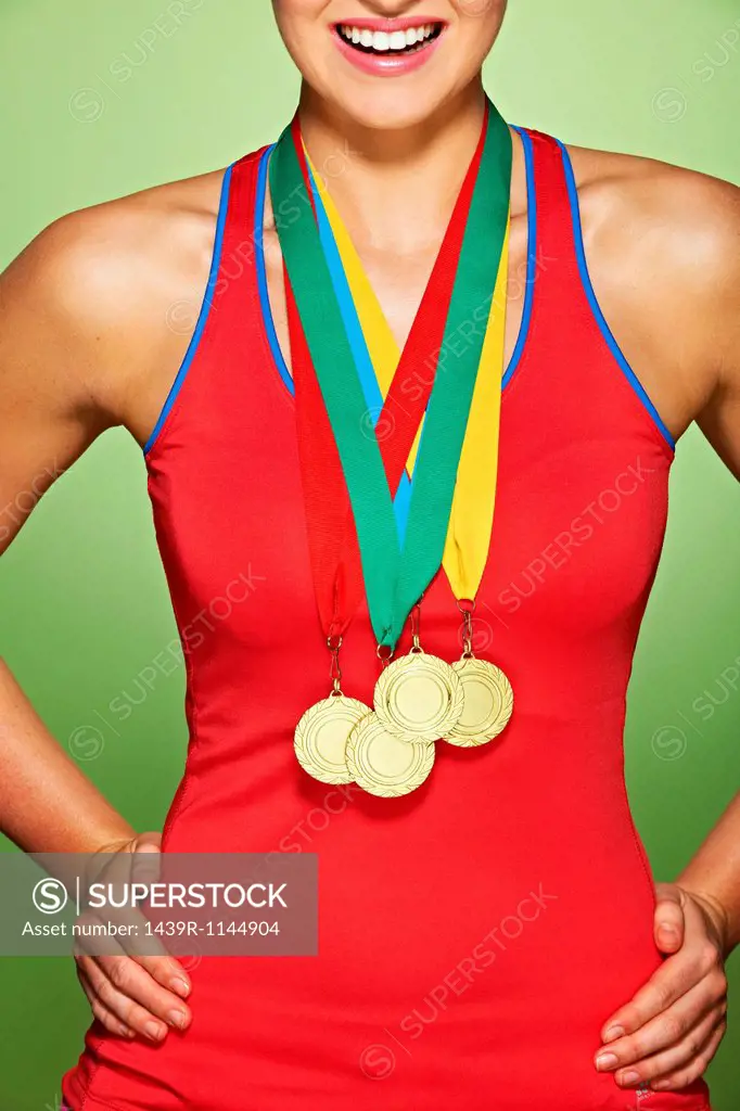 Young woman wearing medals