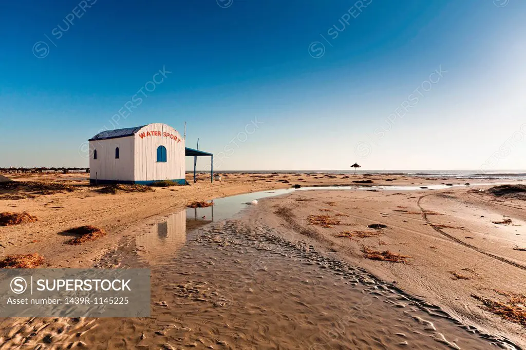 Water sports hut on beach on island of Djerba, Tunisia
