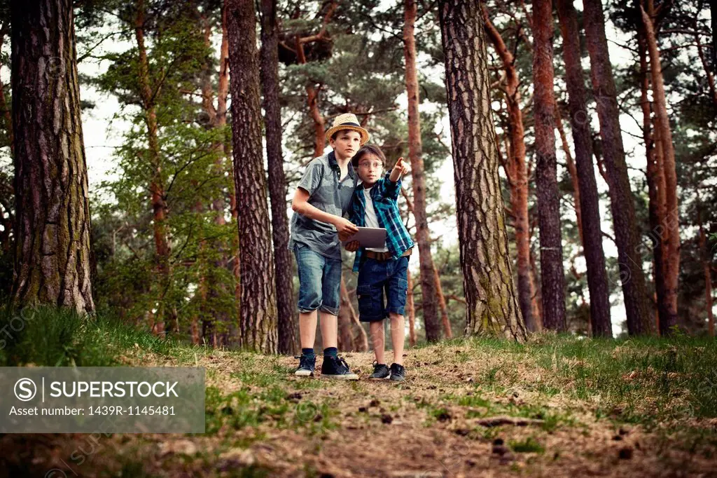 Boys with digital tablet in forest