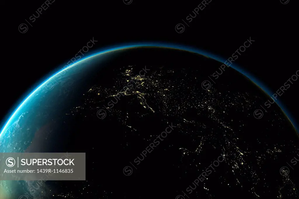Planet earth with lights of Europe at night