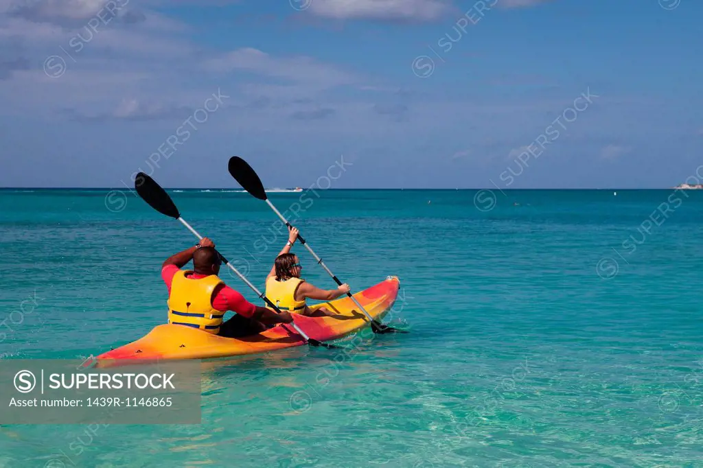 Two people kayaking in Caribbean sea, Grand Cayman, Cayman Islands