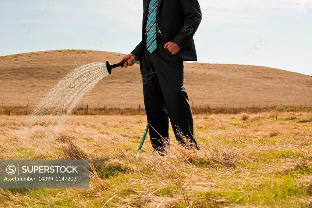 Man sprinkling water on dry grass