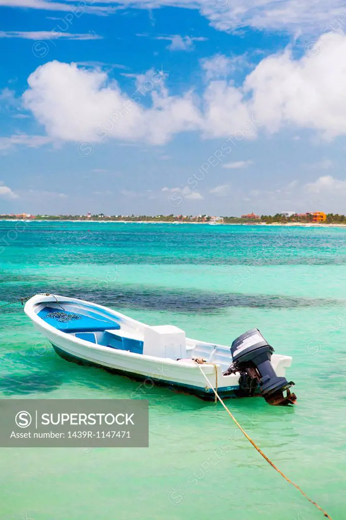 Motor boat on water in Akumal, Quintana Roo, Mexico