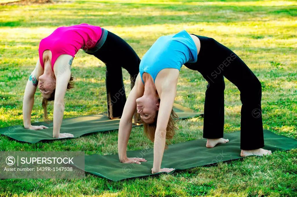 Two women bending over backwards on yoga mats outdoors