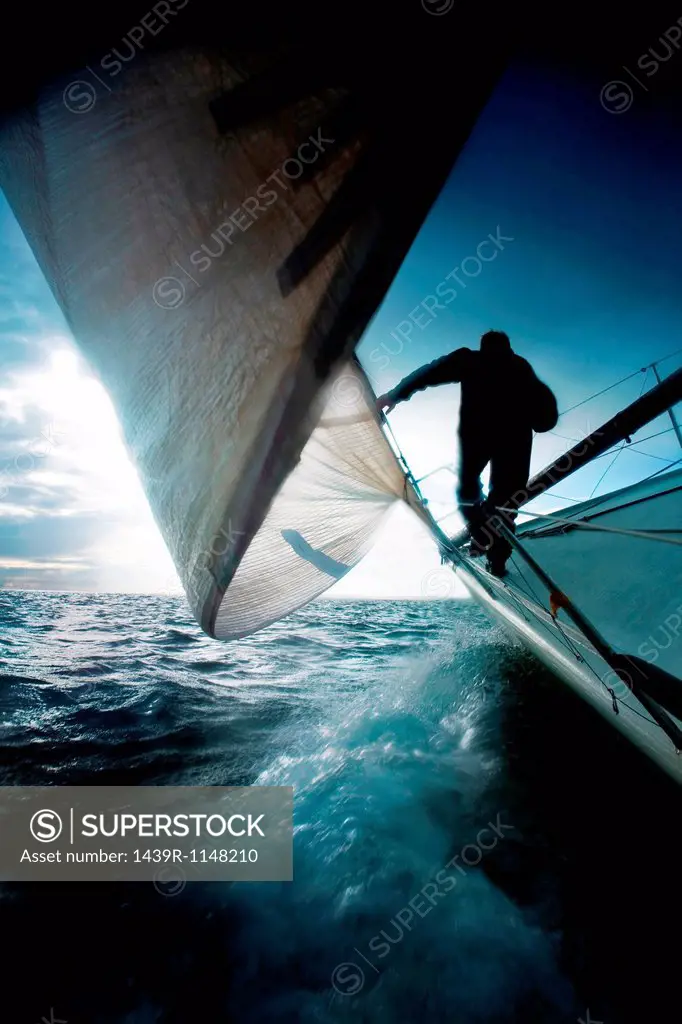 Silhouette of man on sailing boat