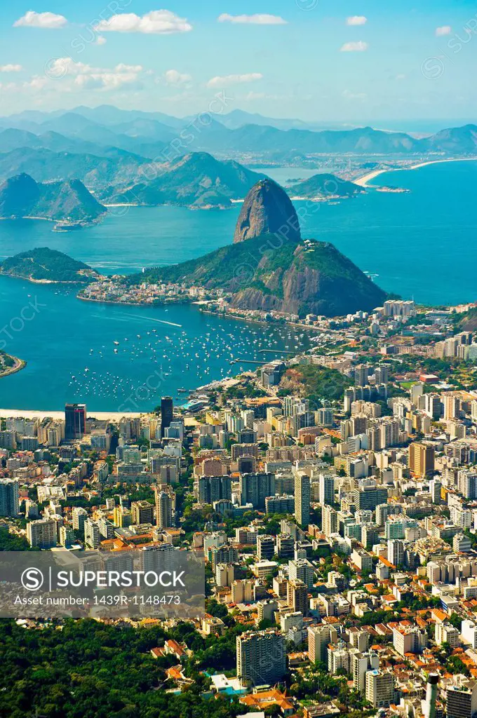 Aerial view of Rio de Janeiro cityscape and Sugarloaf Mountain, Brazil