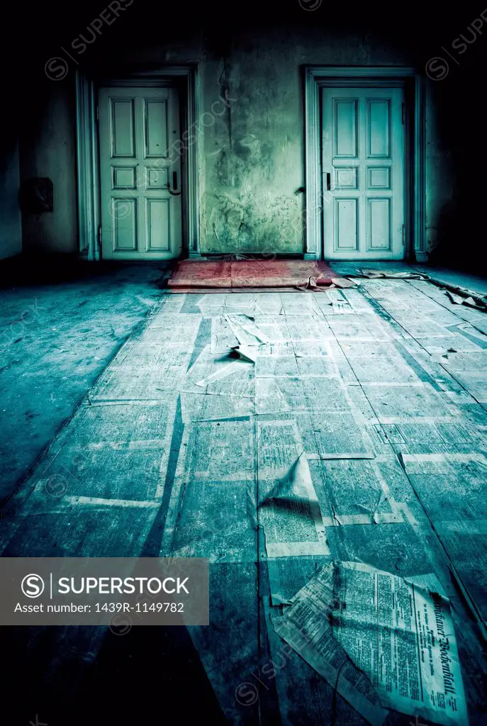 Abandoned room with two doors and newspaper on floor