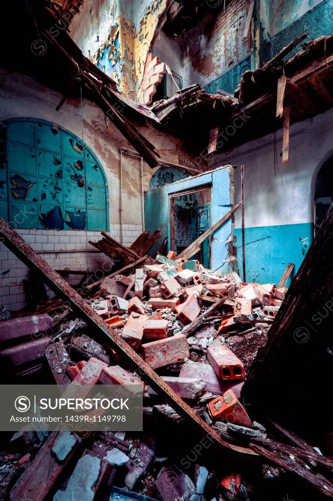 Debris and decayed interior of Sanatorium Teupitz, Brandenburg, Germany