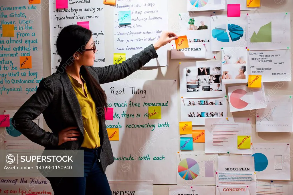 Woman with adhesive notes and papers on wall