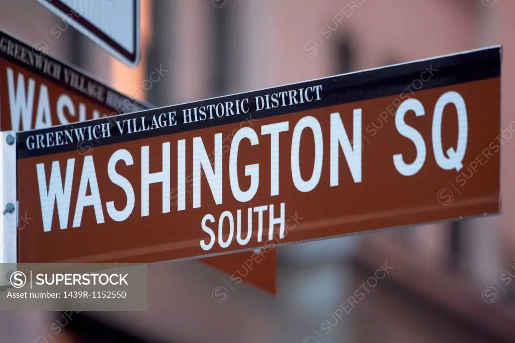 Close up of Washington Sq sign