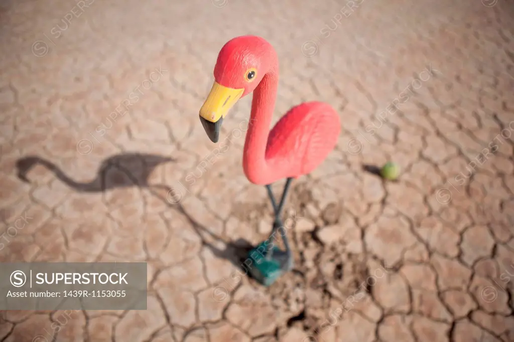 Close up of flamingo statue in desert
