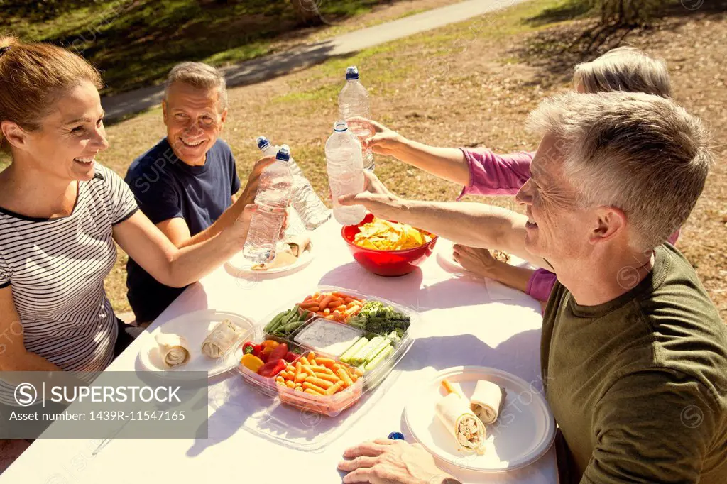 Four mature adult friends raising a toast with water bottles in park