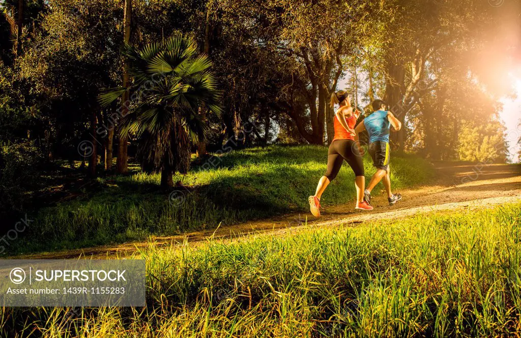 Two people jogging on forest path