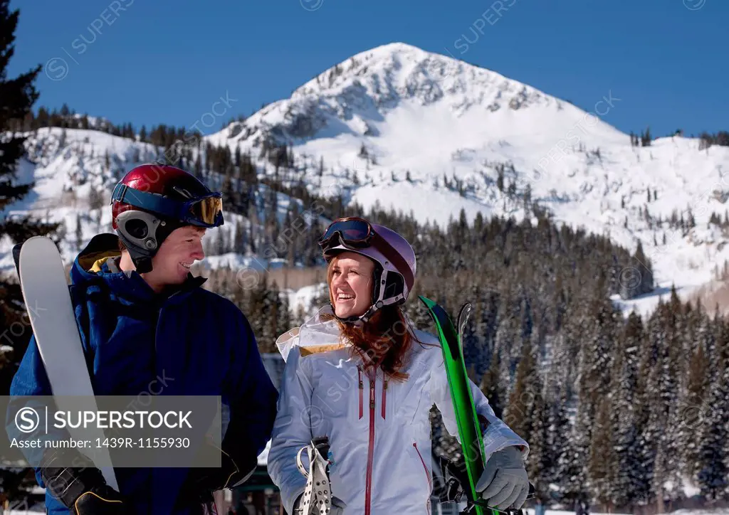Young couple at Brighton ski resort, Utah, USA