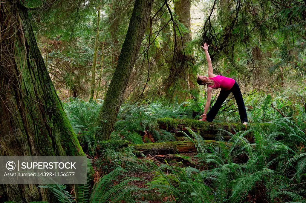 Mature woman performing triangle pose in forest