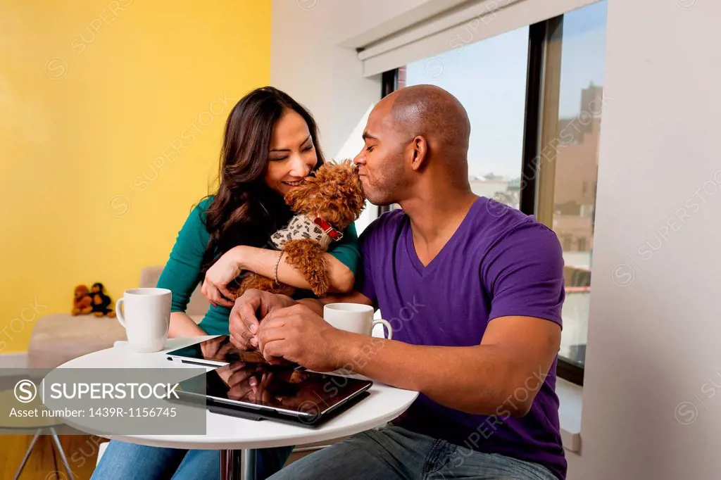 Mid adult couple petting dog at home