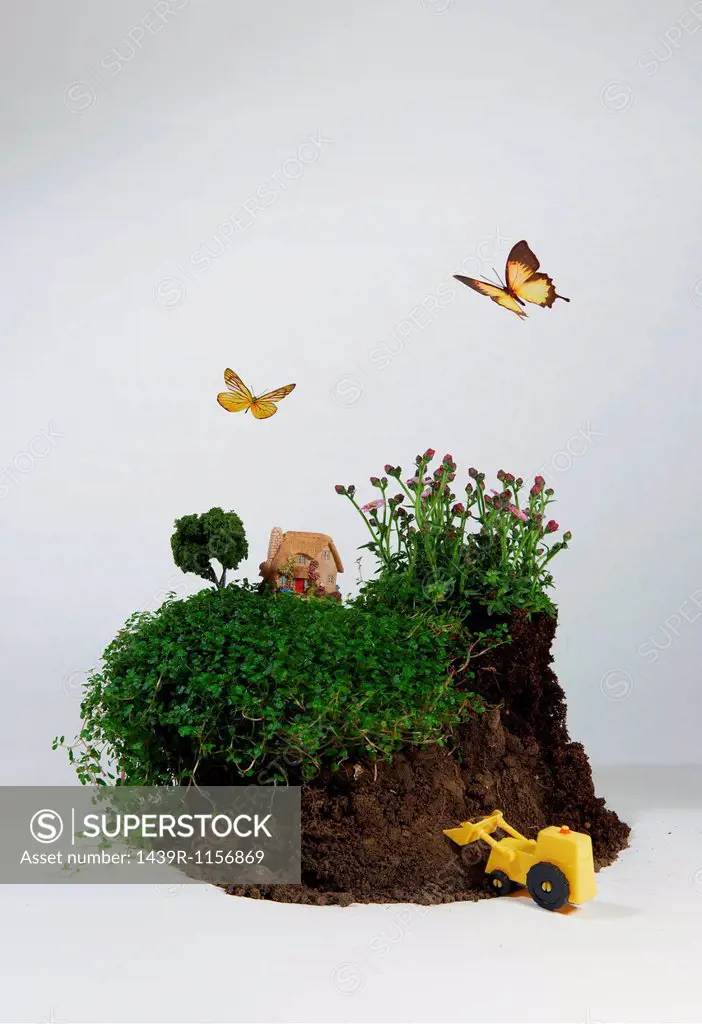 Model of house on soil with digger and butterflies