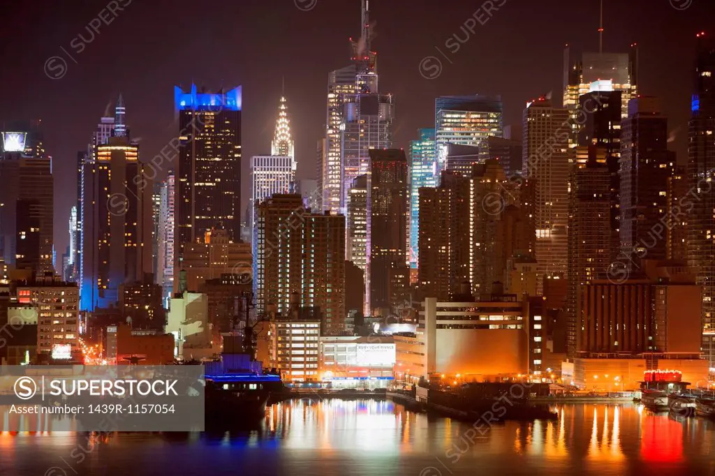 Manhattan waterfront at night, New York City, USA