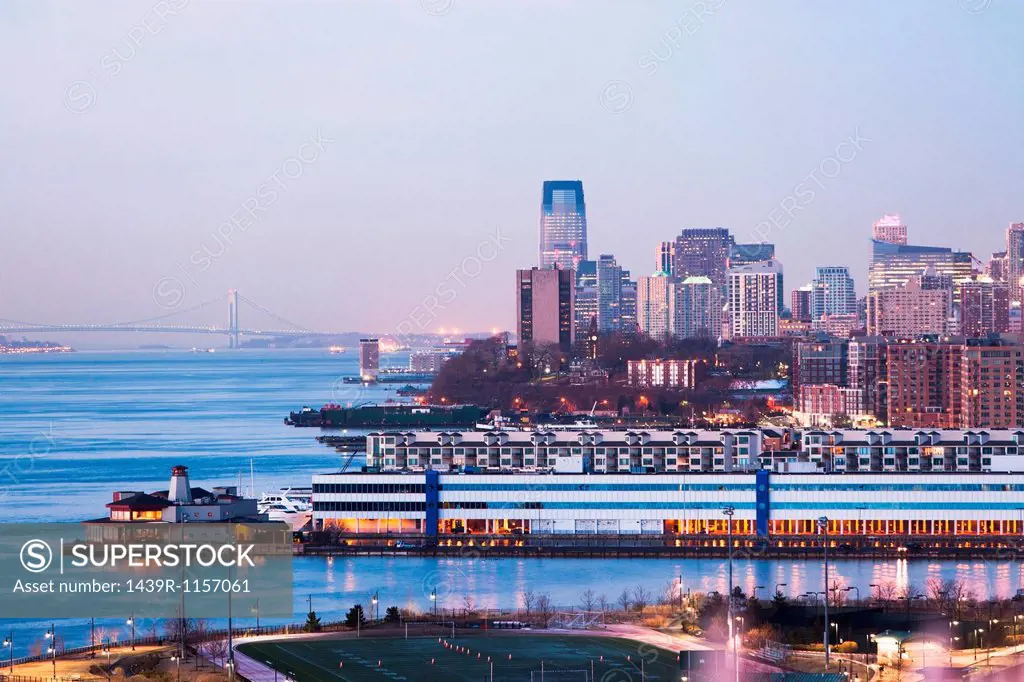 Jersey city skyline and waterfront at dusk, New Jersey, USA