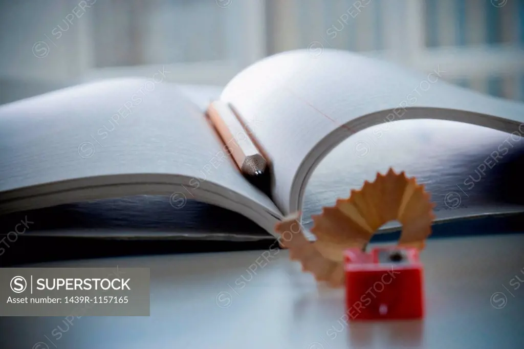 Notebook, pencil and pencil sharpener