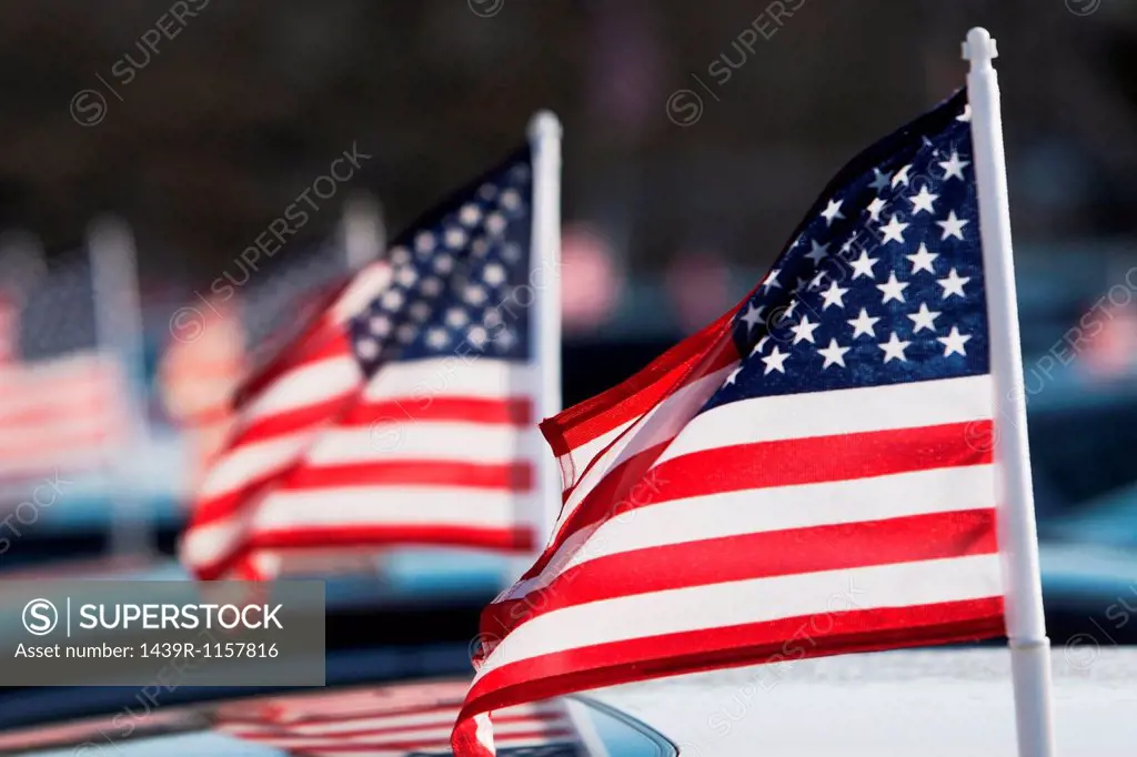 American flags on car roof