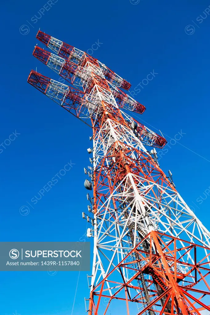 Communications tower, low angle view