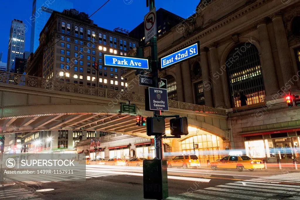 Street signs outside Grand Central Station, New York City, USA