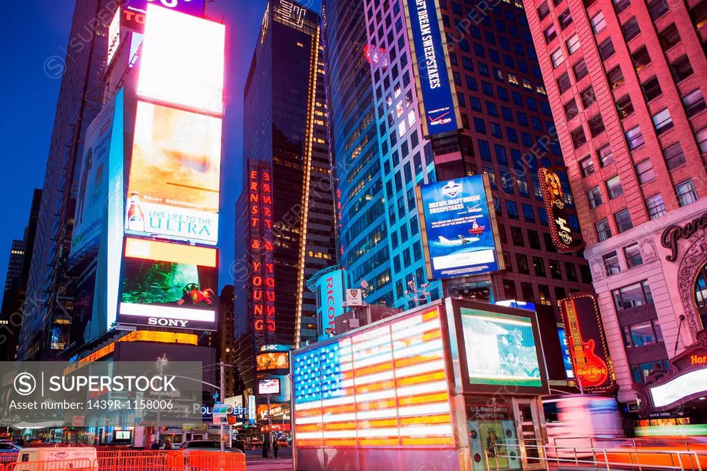Illuminated billboards Times Square at night, New York, USA
