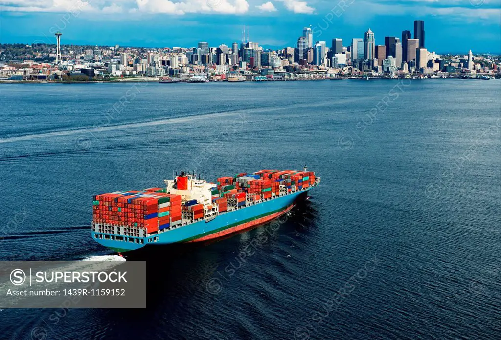 Aerial view of container ship, Seattle, Washington State, USA