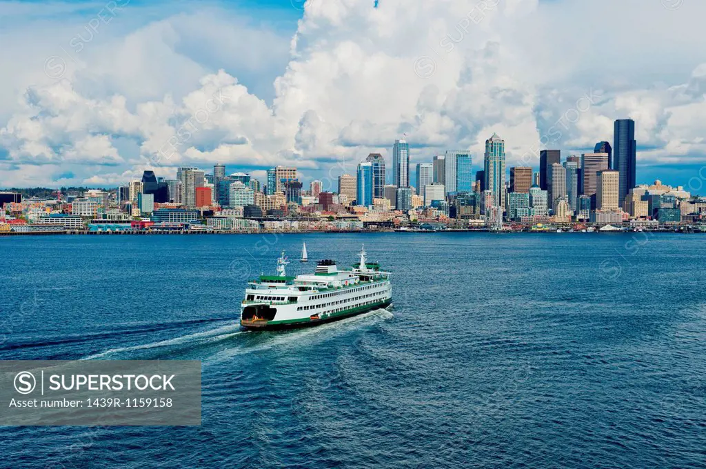 Aerial view of ferry, Seattle, Washington State, USA