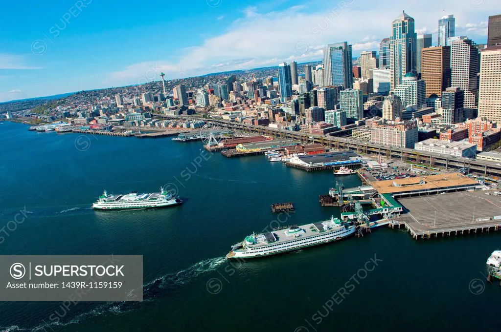 Aerial view of ferries and waterfront, Seattle, Washington State, USA