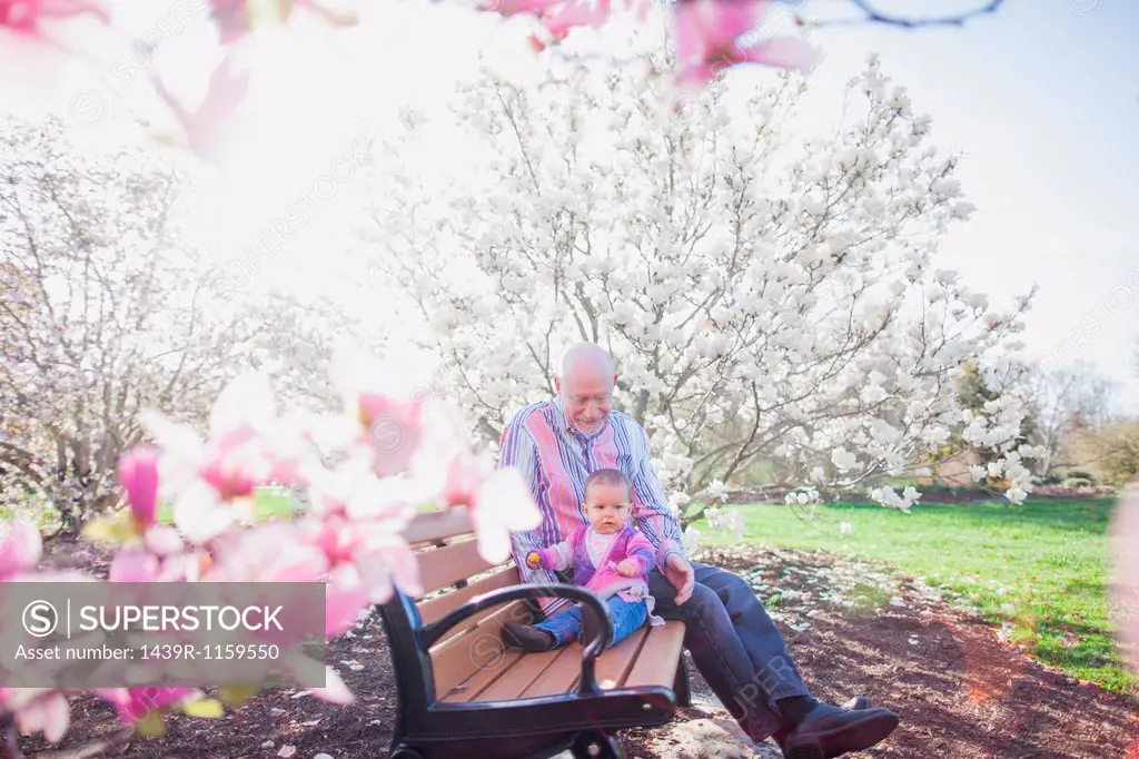 Grandfather and grandchild on park bench