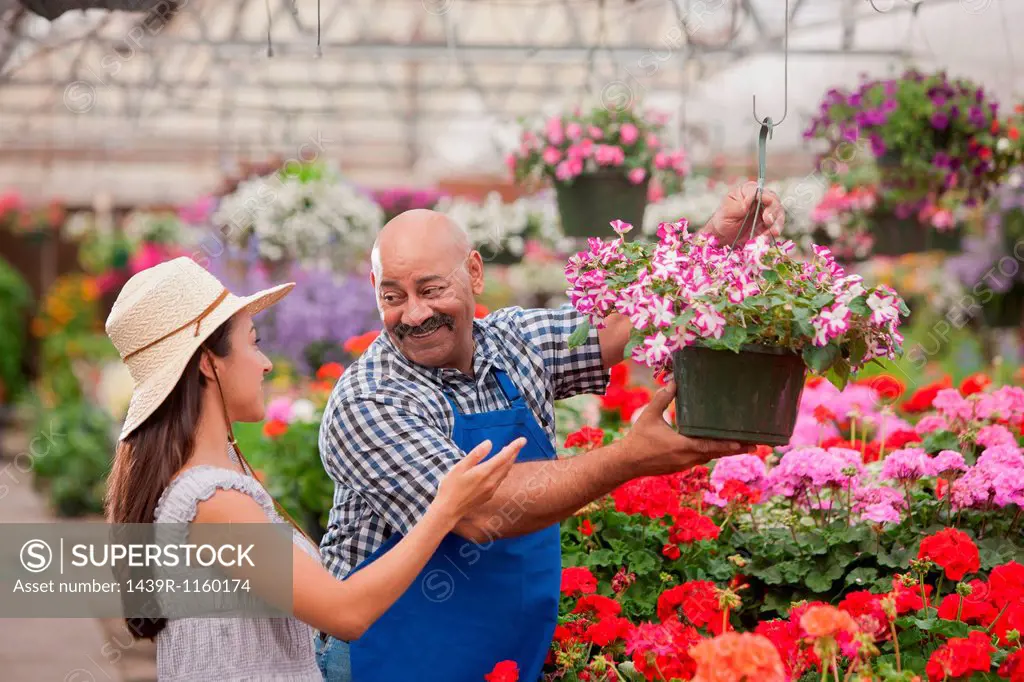 Mature man serving young woman in garden centre, smiling