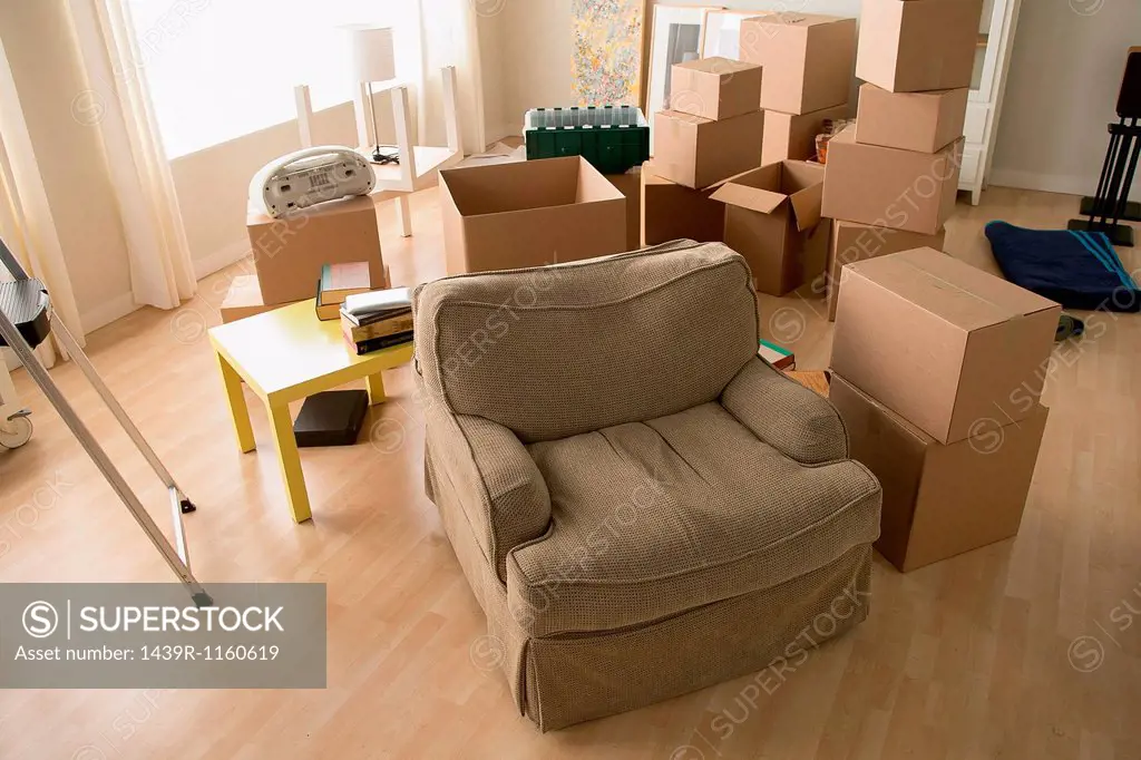 Living room with armchair and cardboard boxes