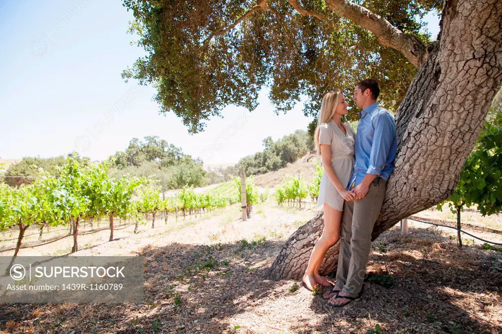 Young couple holding hands by tree in vineyard