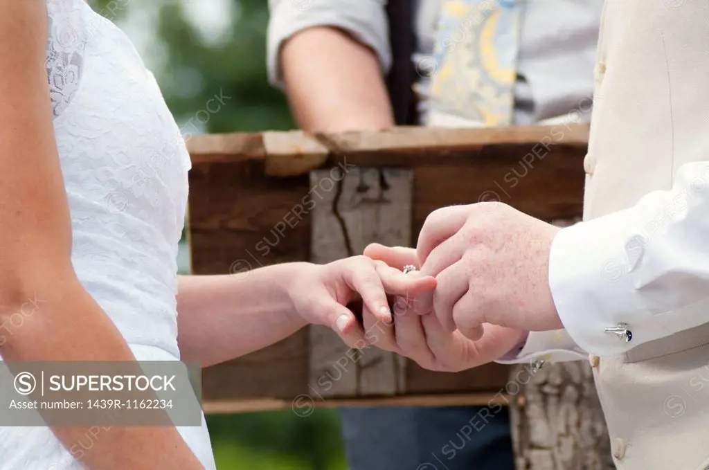 Close up of couple putting on rings at wedding ceremony